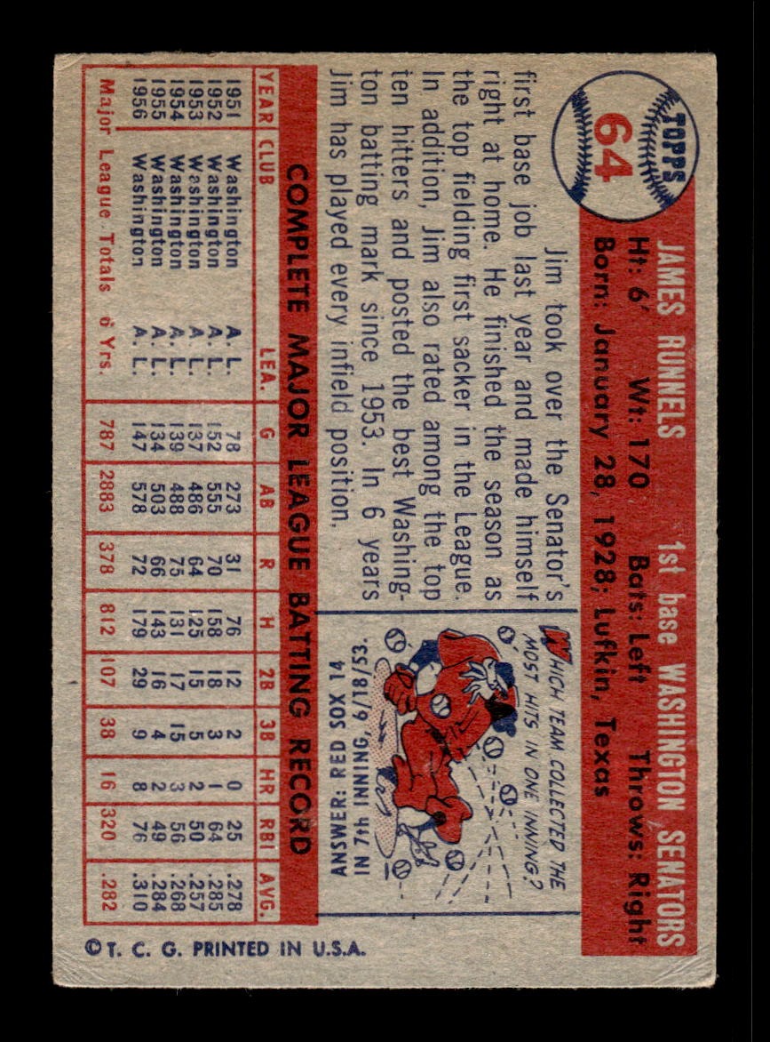 1957 Topps #64 Pete Runnels Senators VGEX CS26018927