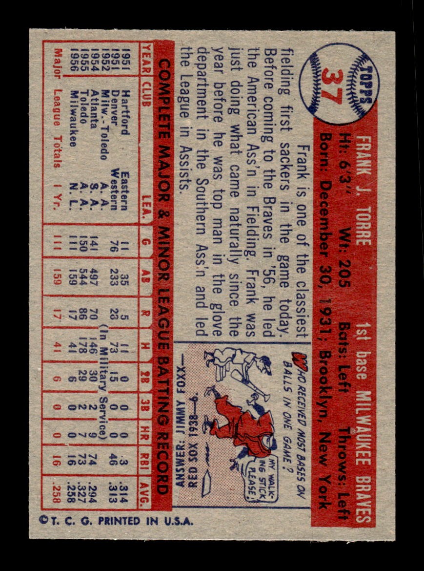 1957 Topps #37 Frank Torre Braves VGEX CS26018928