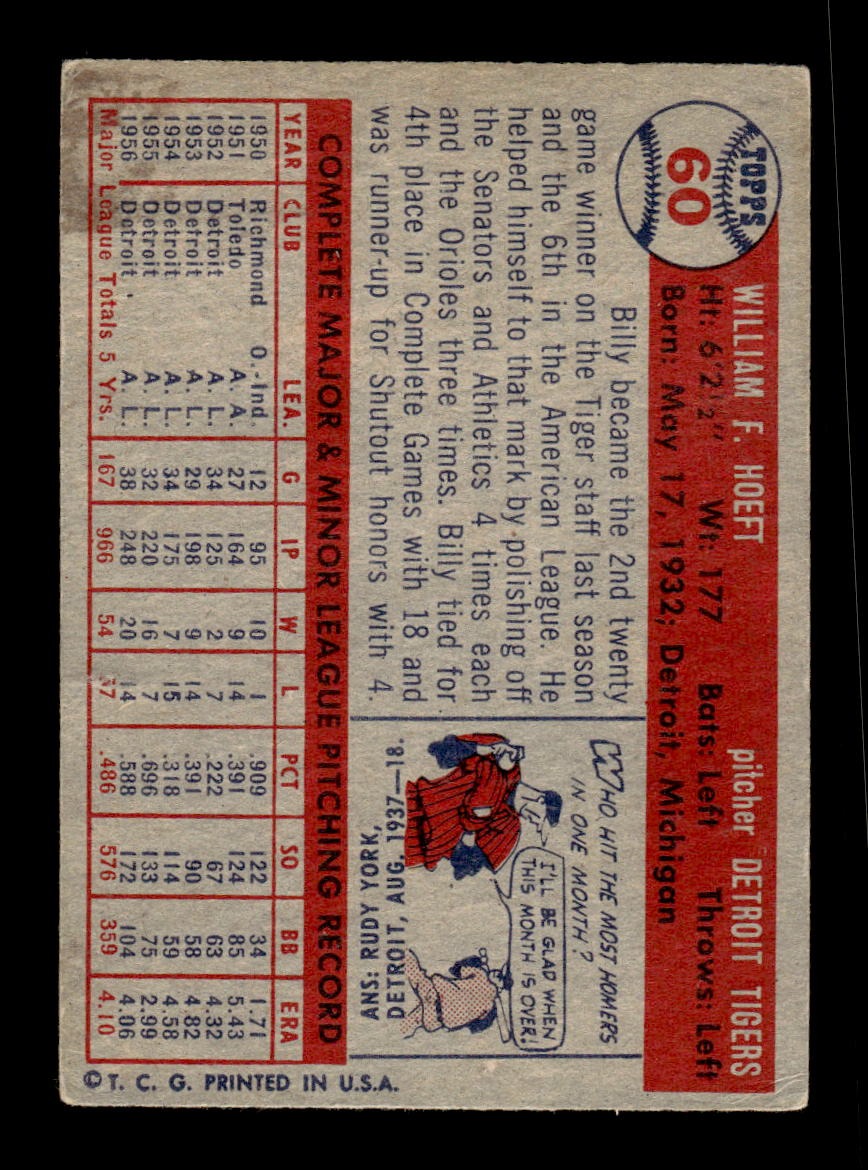 1957 Topps #60 Billy Hoeft Tigers VGEX CS26018932