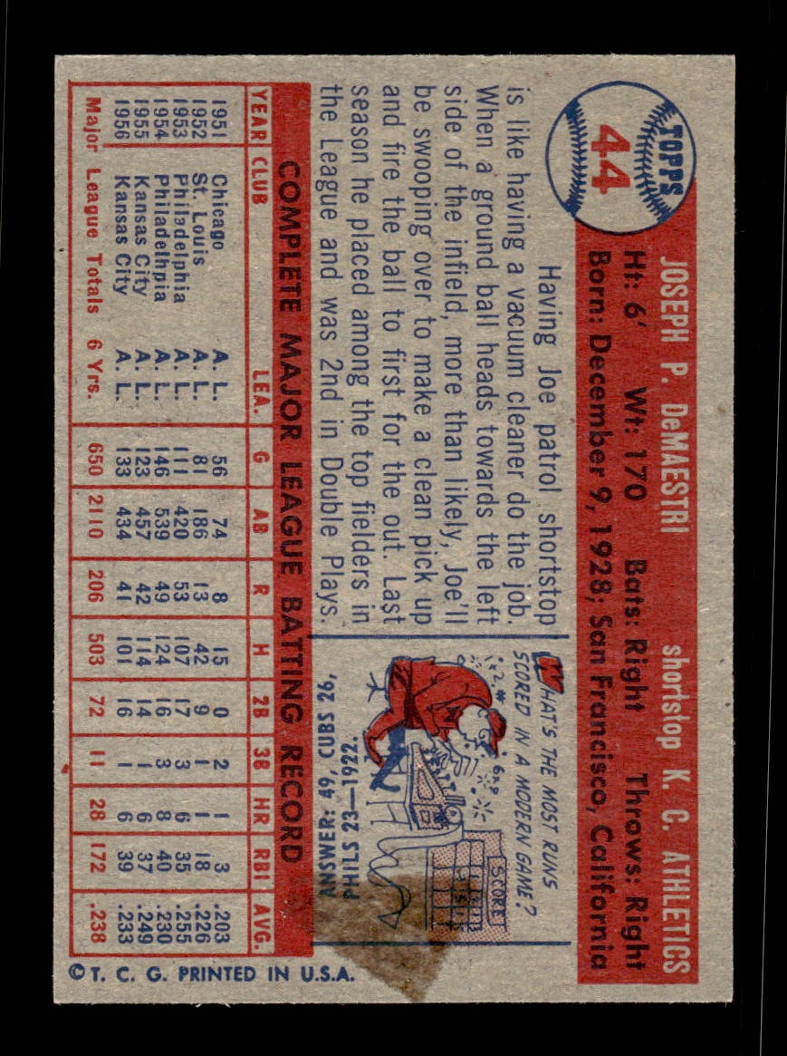 1957 Topps #44 Joe DeMaestri Athletics VGEX CS26018935