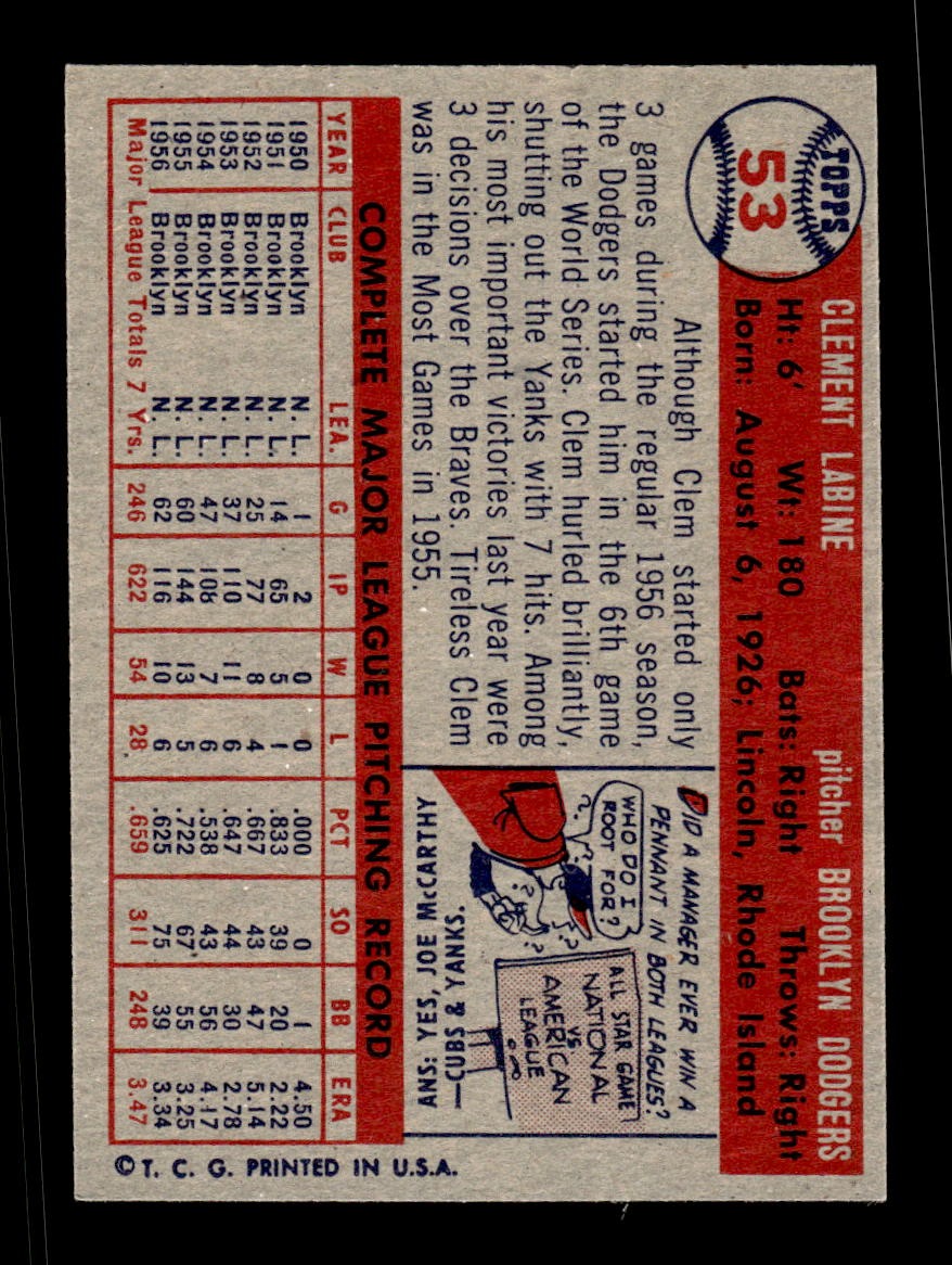 1957 Topps #53 Clem Labine Dodgers VGEX CS26018937