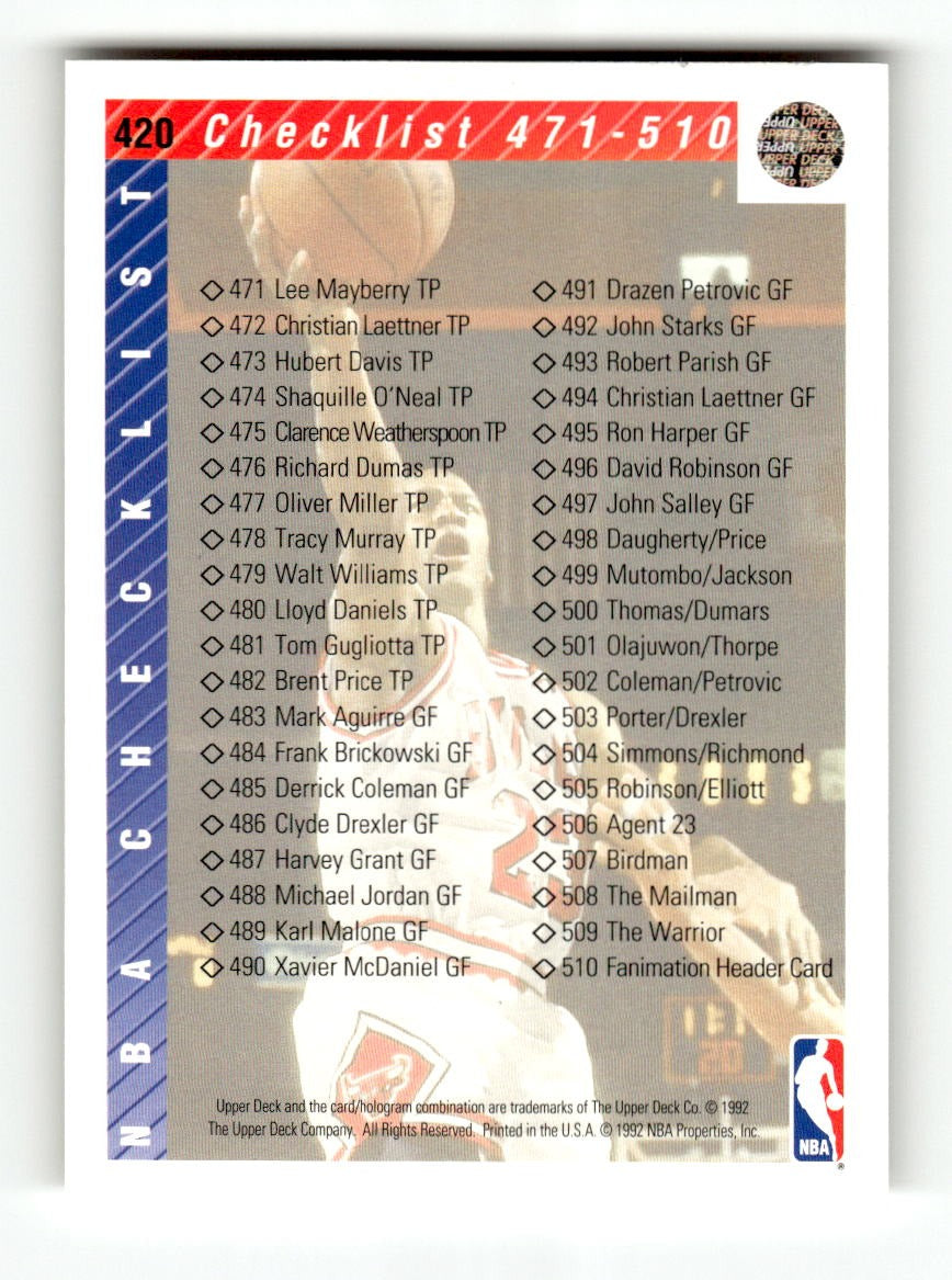 1992-93 Upper Deck #420 Checklist: 421-510 EXMT CS26019173