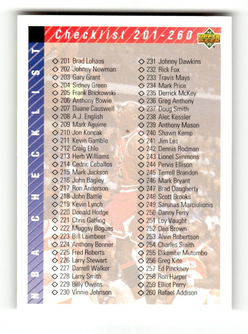 1992-93 Upper Deck #310 Checklist: 201-310 EXMT CS26019182