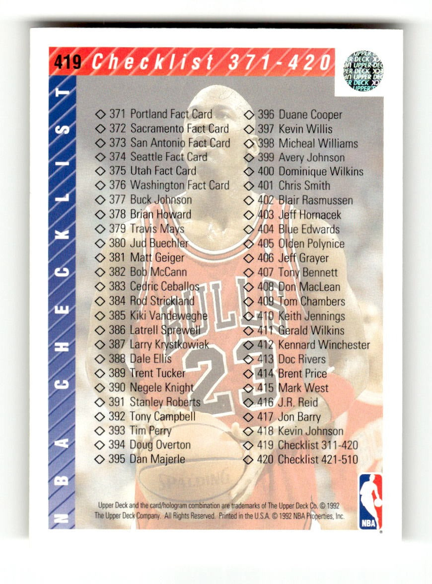 1992-93 Upper Deck #419 Checklist: 311-420 EXMT CS26019213
