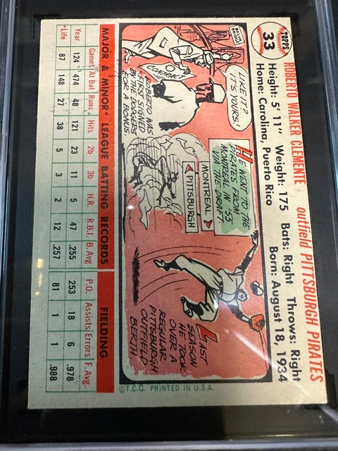 1956 Topps #33 Roberto Clemente White Back SGC 3 SN 7845958