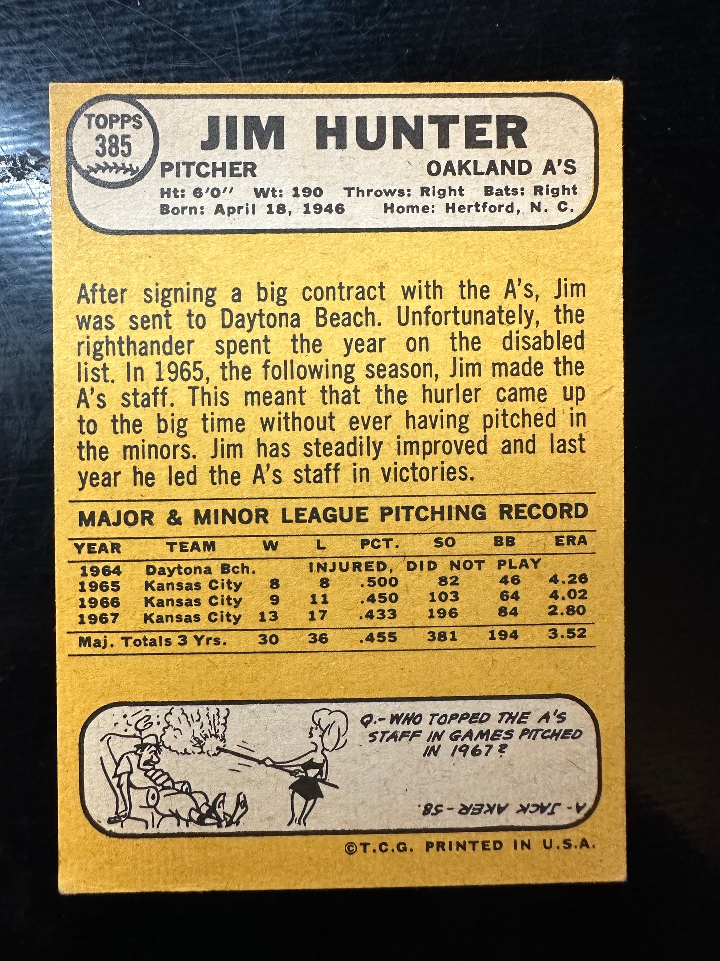 1968 Topps #385 Jim Hunter VGEX