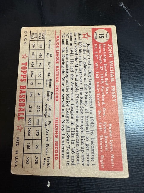 1952 Topps #15 Johnny Pesky Boston Red Sox VG HOF10010021