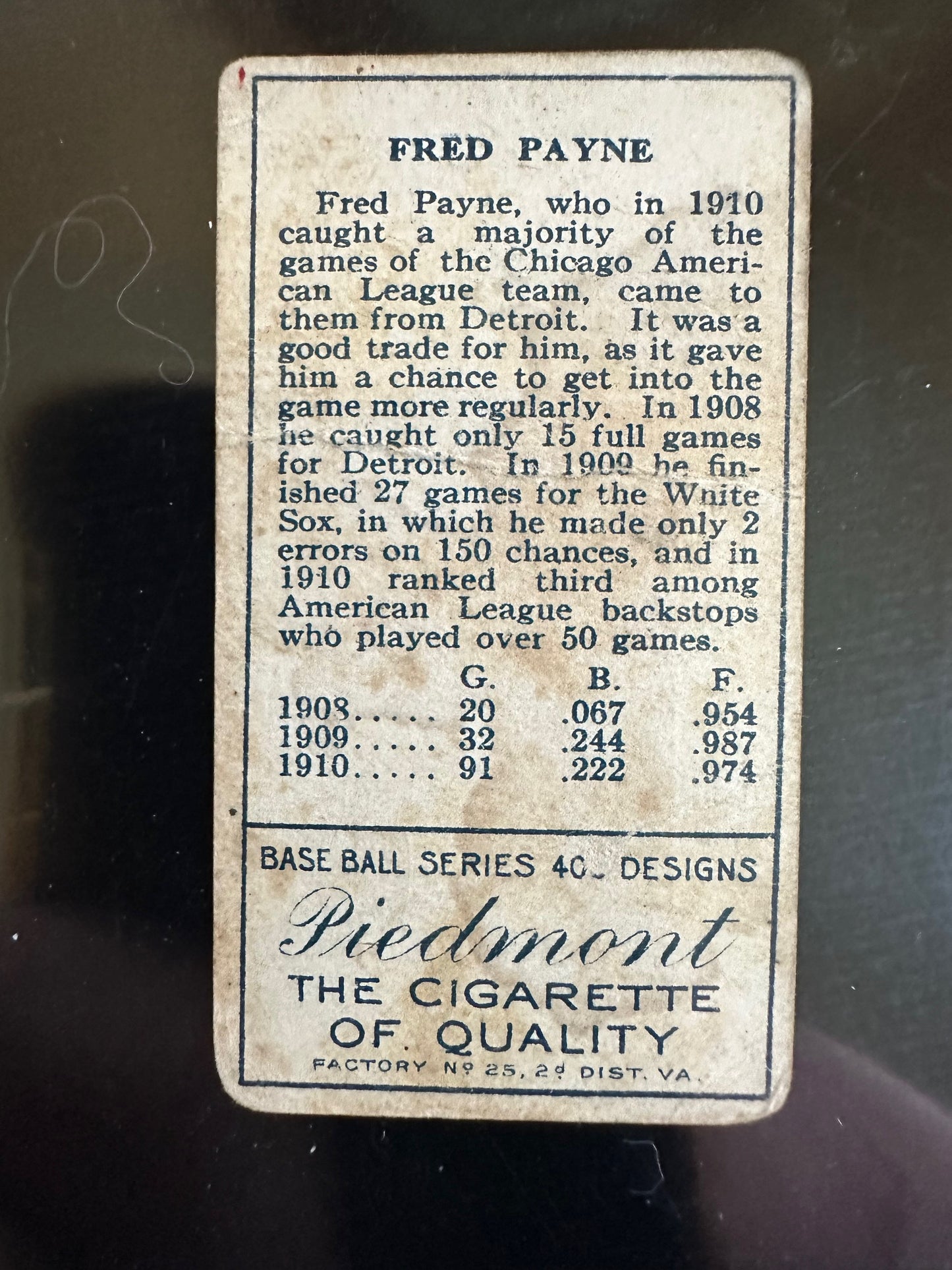 1911 T205 Gold Border Piedmont Fred Payne Chicago