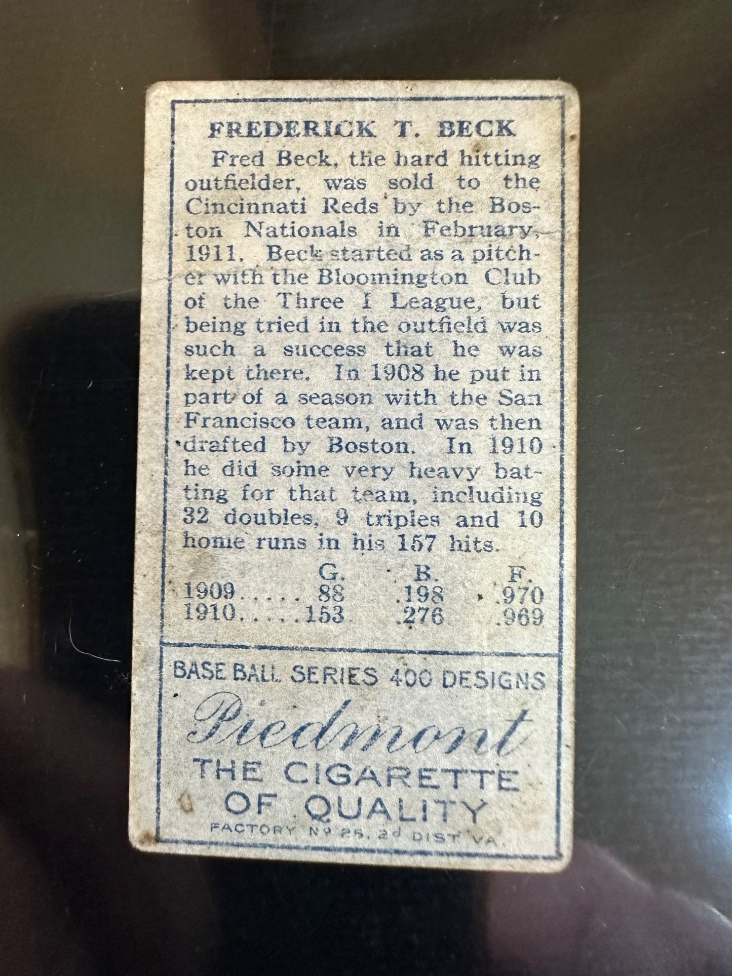 1911 T205 Gold Border Piedmont Fred Beck Boston Nationals #2