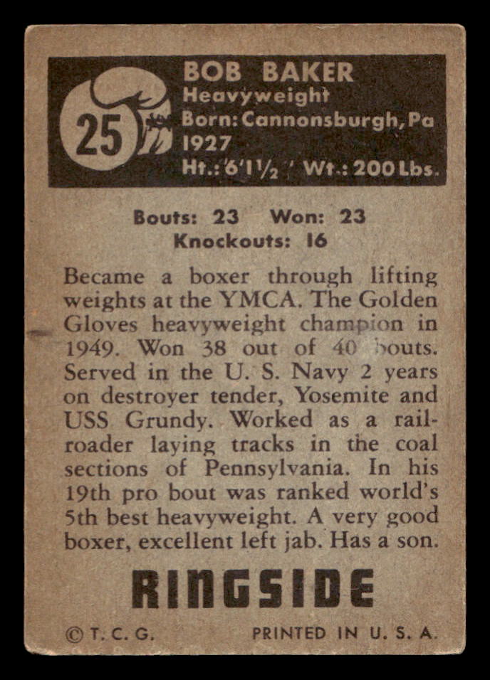 1951 Topps Ringside Boxing #25 Bob Baker- VG