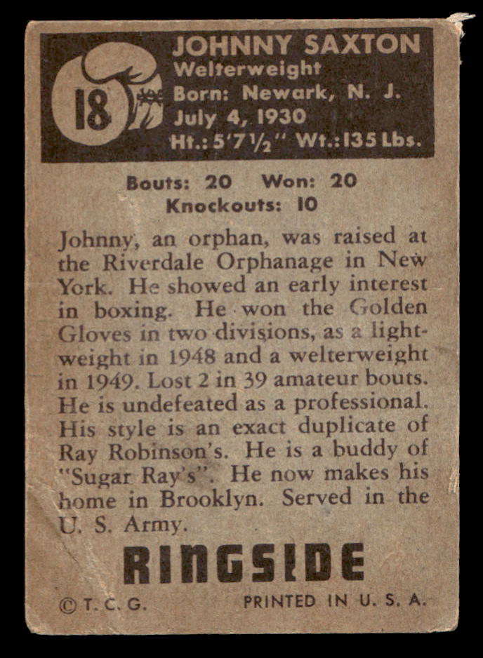 1951 Topps Ringside Boxing #18 Johnny Saxton - G/VG
