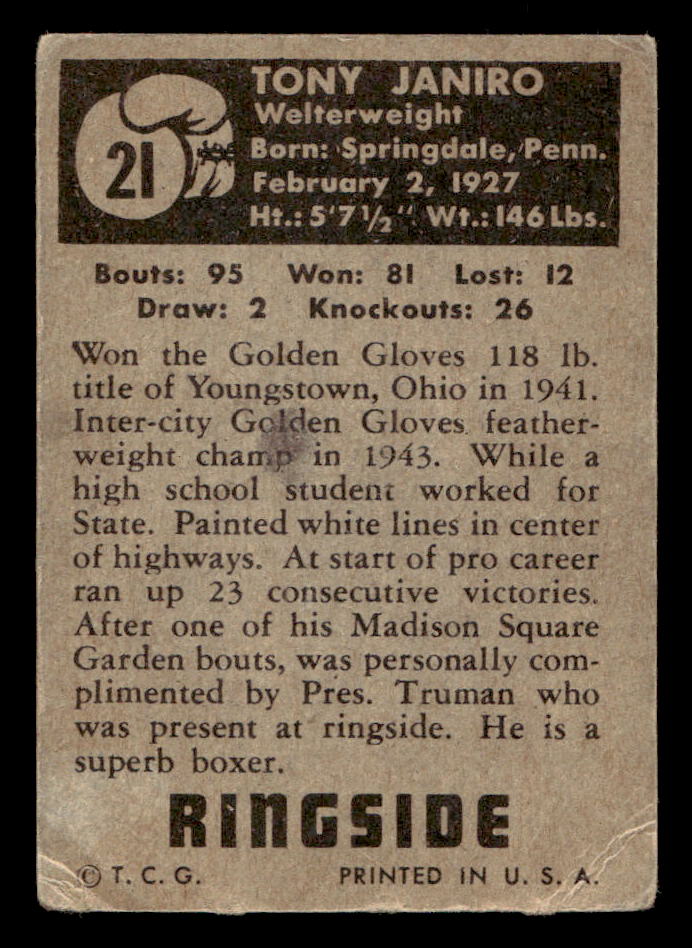 1951 Topps Ringside Boxing #21 Tony Janiro - G/VG