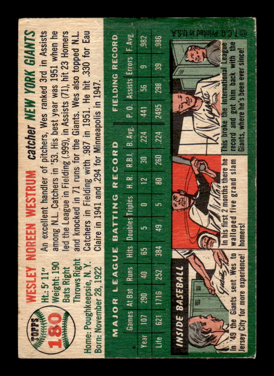 1954 Topps #180 Wes Westrum - New York Giants F/G - CREASE