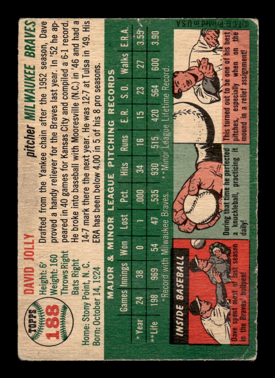 1954 Topps #188 Dave Jolly - Milwaukee Braves RC VG
