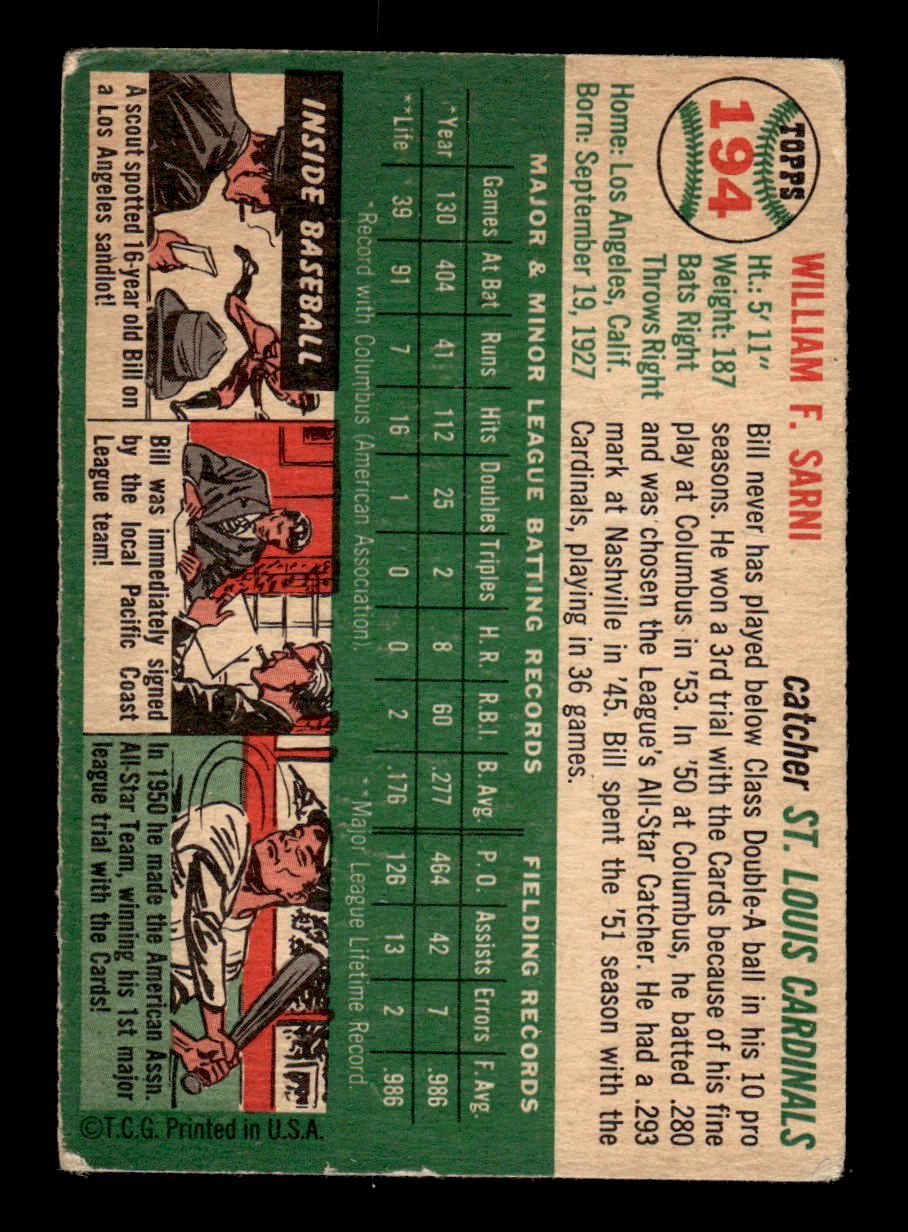 1954 Topps #194 Bill Sarni - St. Louis Cardinals RC VG