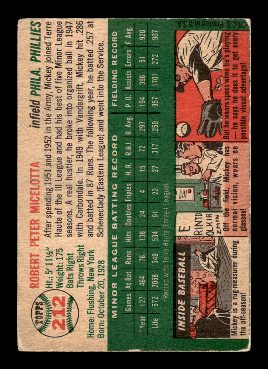 1954 Topps #212 Mickey Micelotta - Philadelphia Phillies RC VG