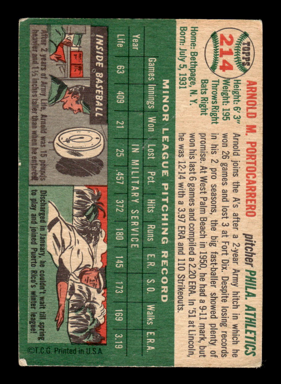 1954 Topps #214 Arnold Portocarrero - Philadelphia Athletics RC VG