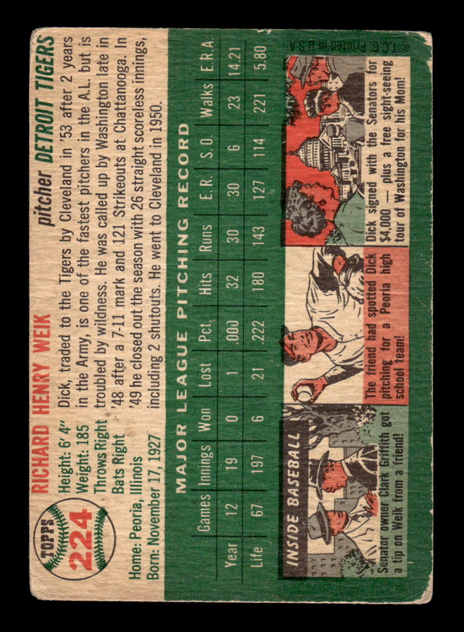 1954 Topps #224 Dick Weik - Detroit Tigers RC VG