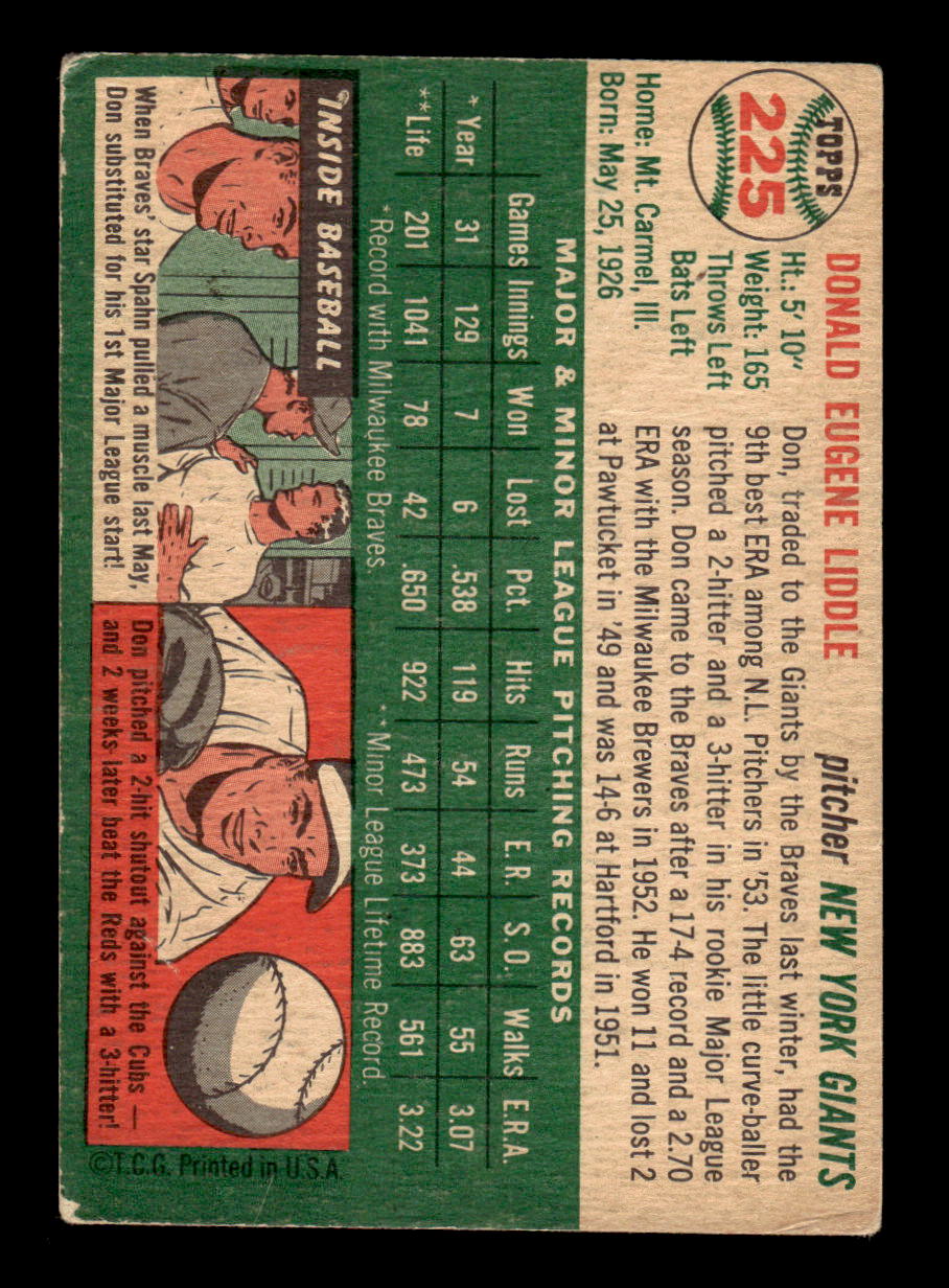 1954 Topps #225 Don Liddle - New York Giants RC VG