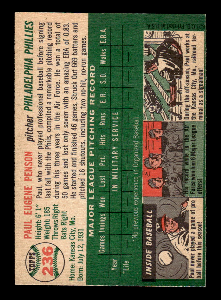 1954 Topps #236 Paul Penson - Philadelphia Phillies RC VG