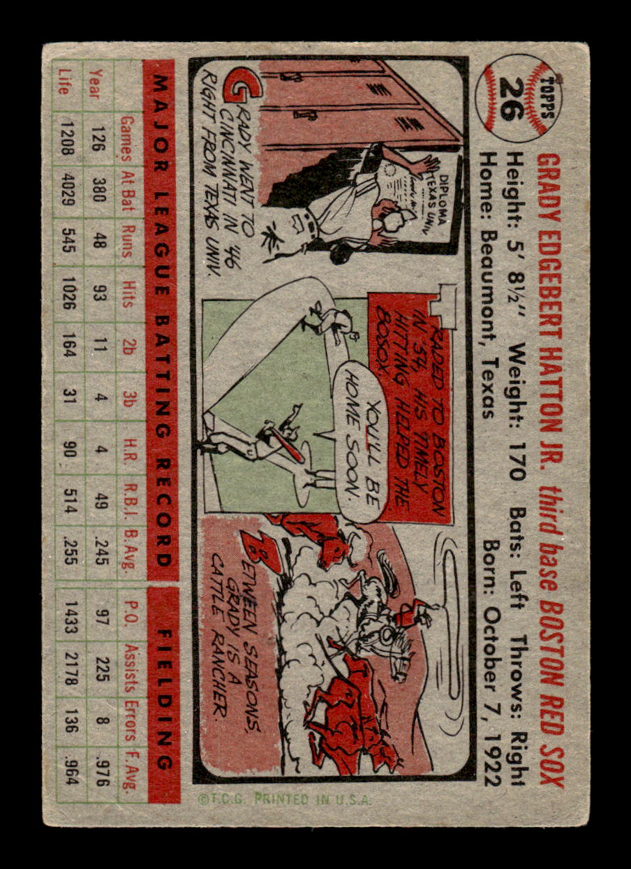 1956 Topps #26 Grady Hatton - Boston Red Sox VG Gray Back