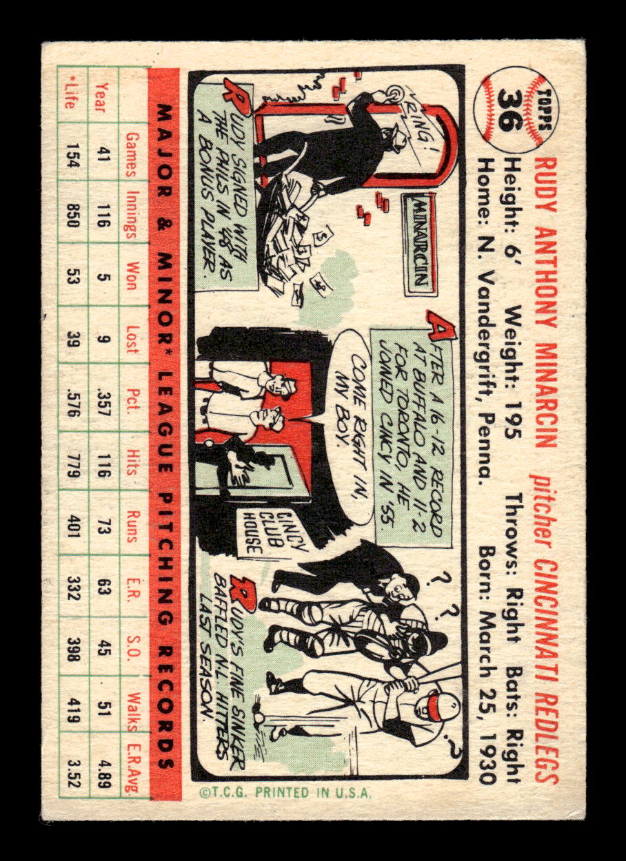 1956 Topps #36 Rudy Minarcin - Cincinnati Reds EX White Back