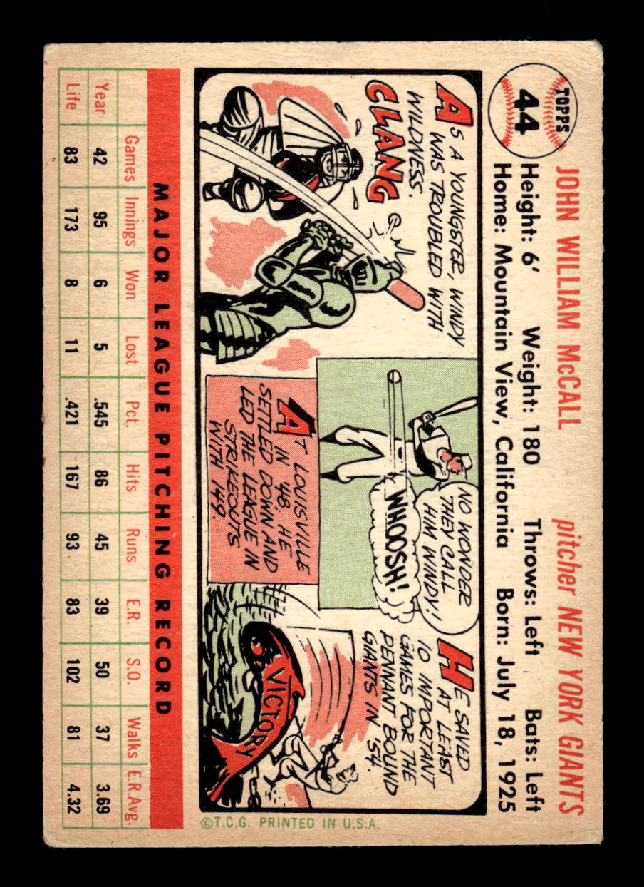 1956 Topps #44 Windy McCall - New York Giants VGEX White Back