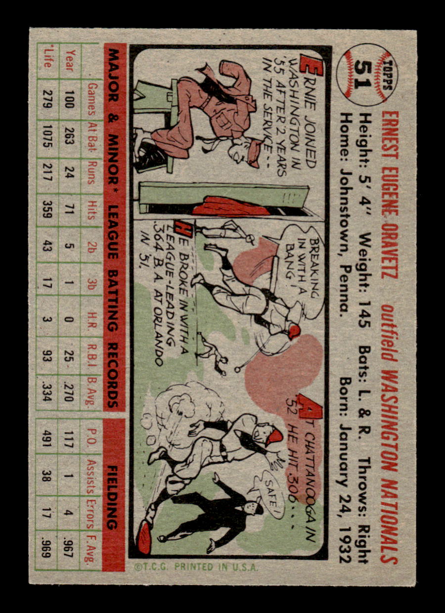 1956 Topps #51 Ernie Oravetz  - Washington Senators RC EX Gray Back