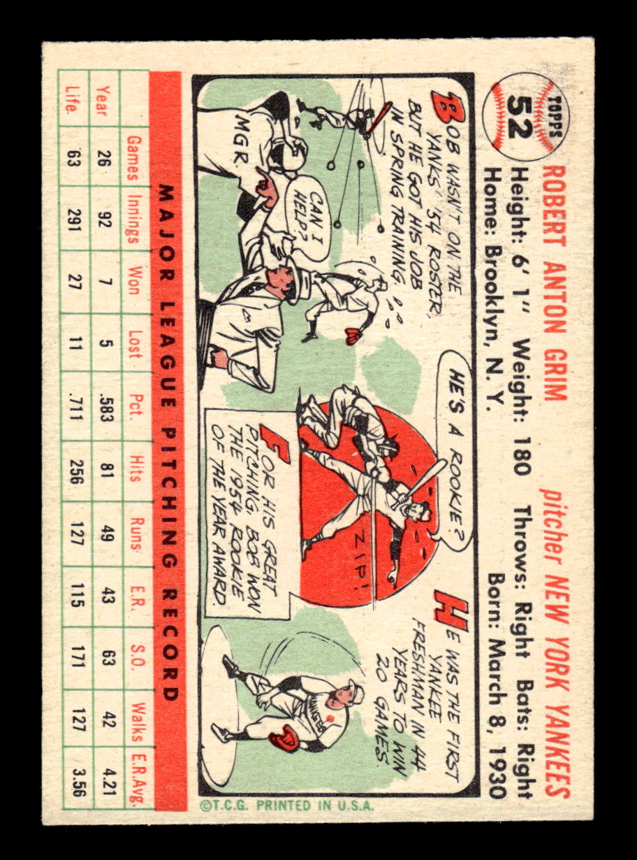 1956 Topps #52 Bob Grim  - New York Yankees DP EX White Back