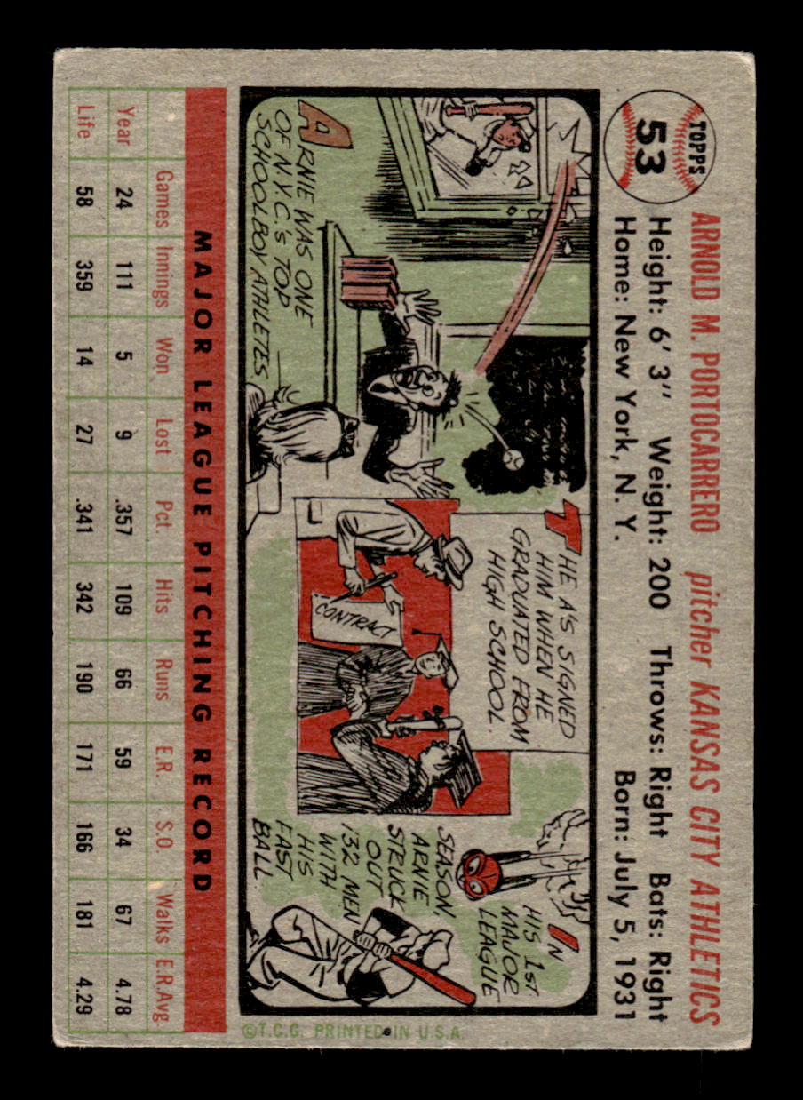 1956 Topps #53 Arnie Portocarrero - Kansas City Athletics VGEX Gray Back