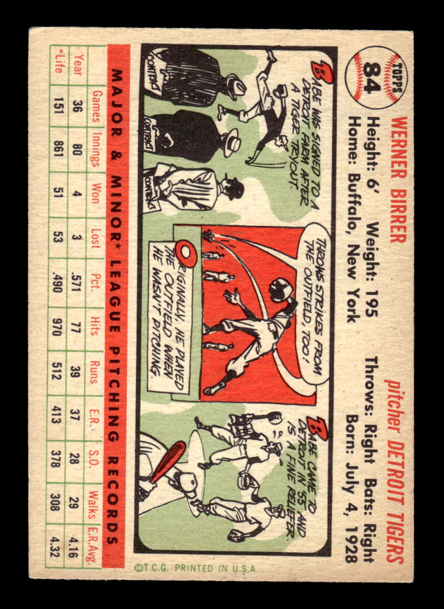 1956 Topps #84 Babe Birrer - Detroit Tigers RC EX White Back