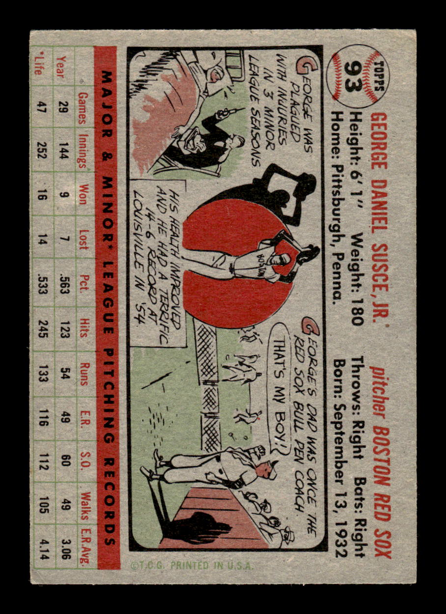 1956 Topps #93 George Susce Jr. - Boston Red Sox EX Gray Back