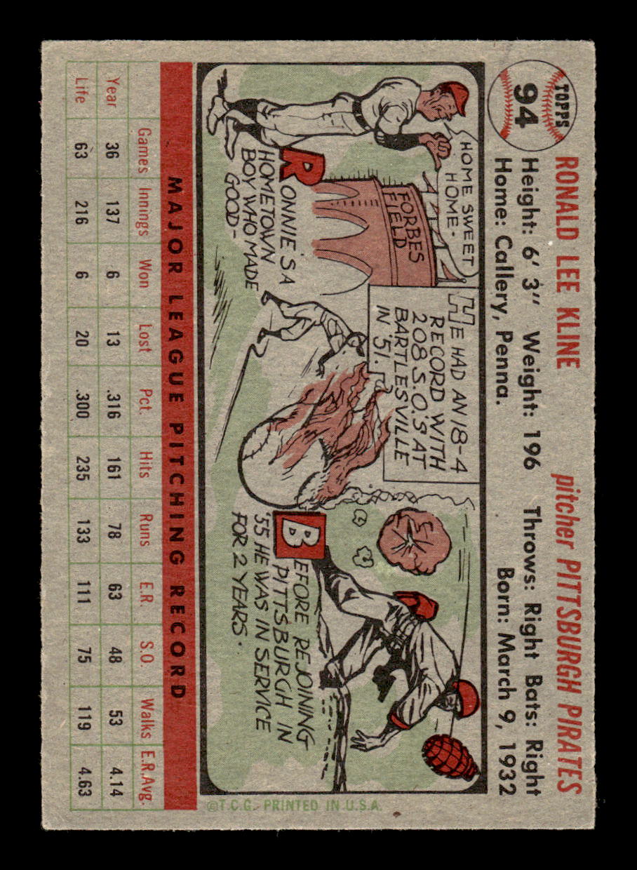 1956 Topps #94 Ron Kline - Pittsburgh Pirates EX Gray Back
