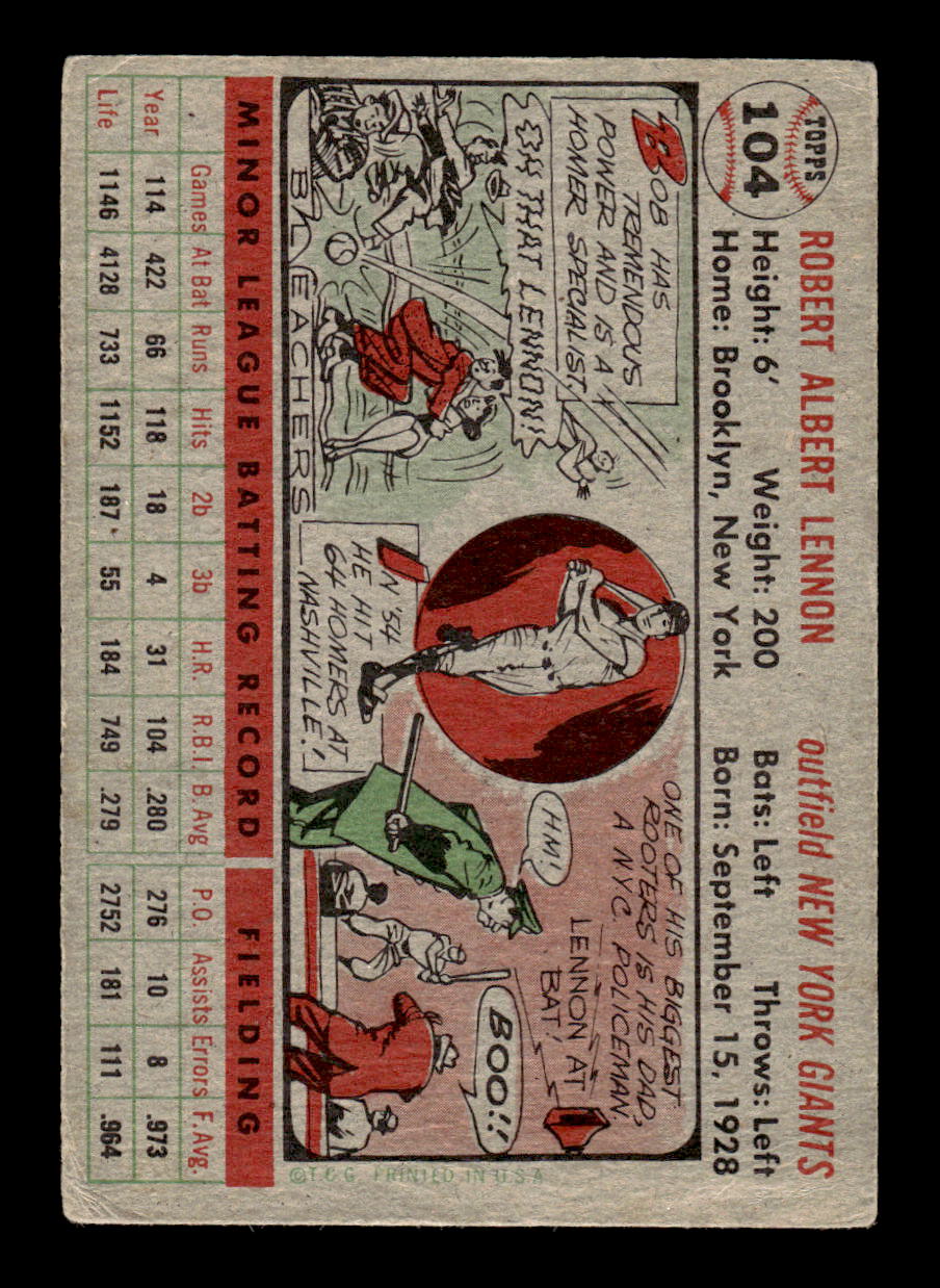 1956 Topps #104 Bob Lennon - New York Giants VGEX Gray Back