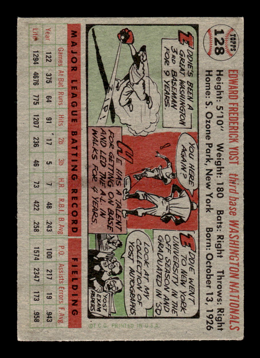 1956 Topps #128 Eddie Yost - Washington Senators EX Gray Back