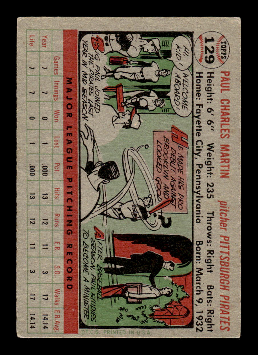 1956 Topps #129 Paul Martin - Pittsburgh Pirates RC VGEX Gray Back