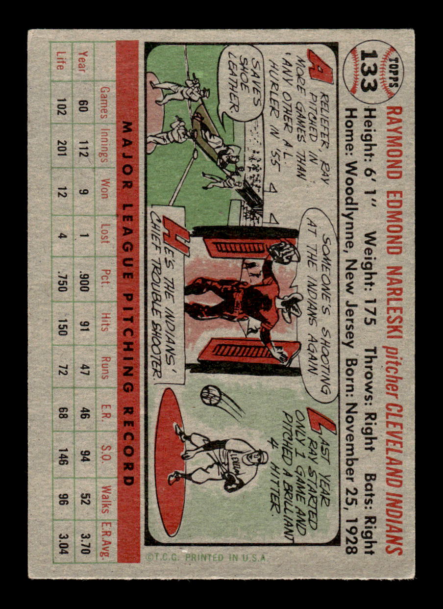 1956 Topps #133 Ray Narleski - Cleveland Indians VGEX Gray Back