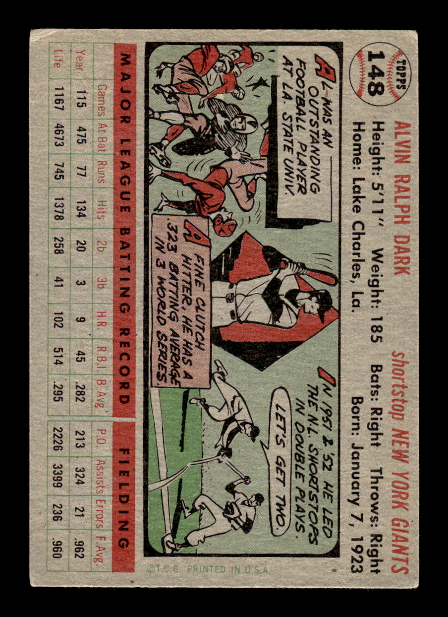 1956 Topps #148 Alvin Dark - New York Giants VGEX Gray Back