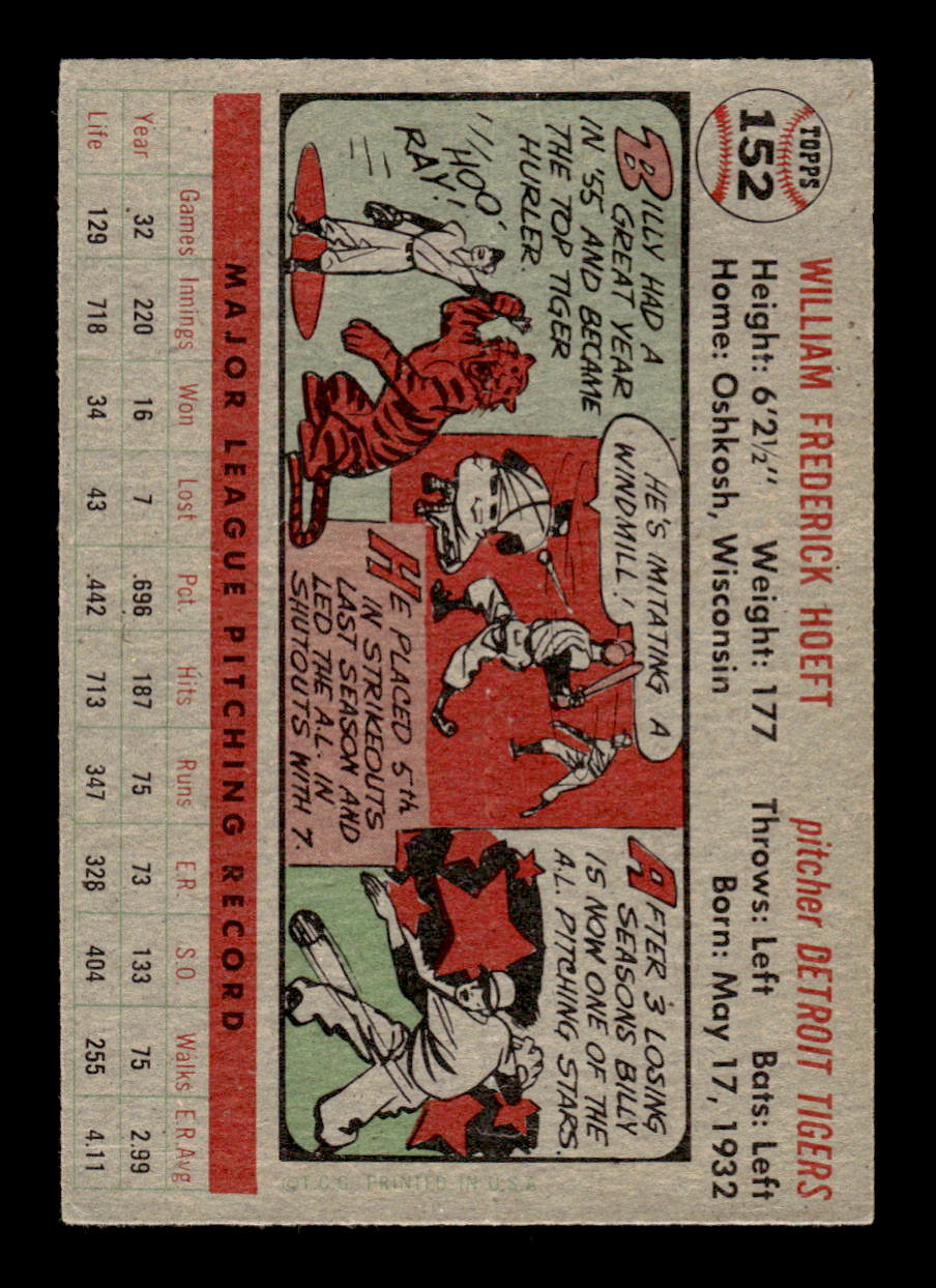 1956 Topps #152 Billy Hoeft - Detroit Tigers VGEX Gray Back