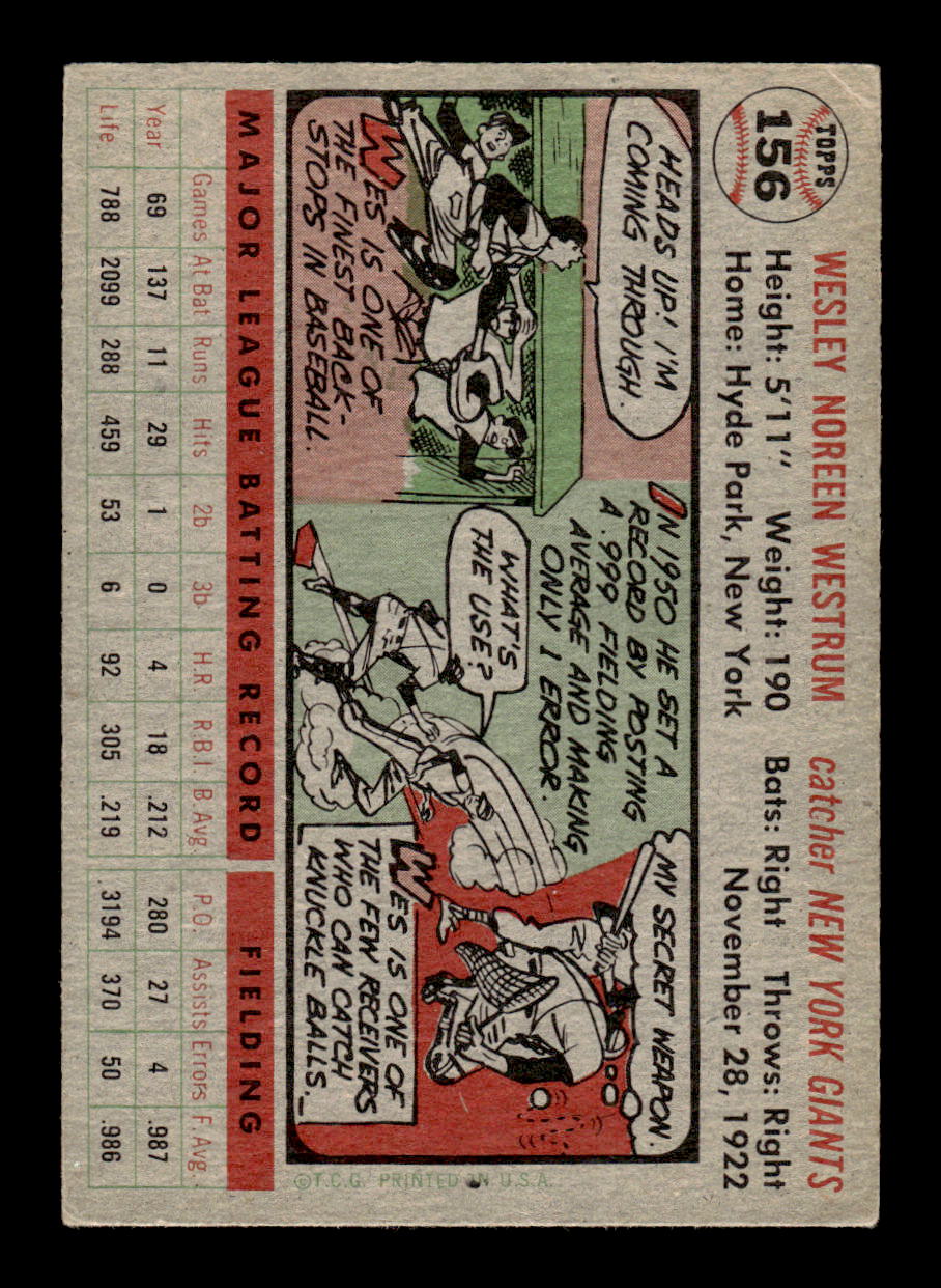 1956 Topps #156 Wes Westrum - New York Giants VGEX Gray Back