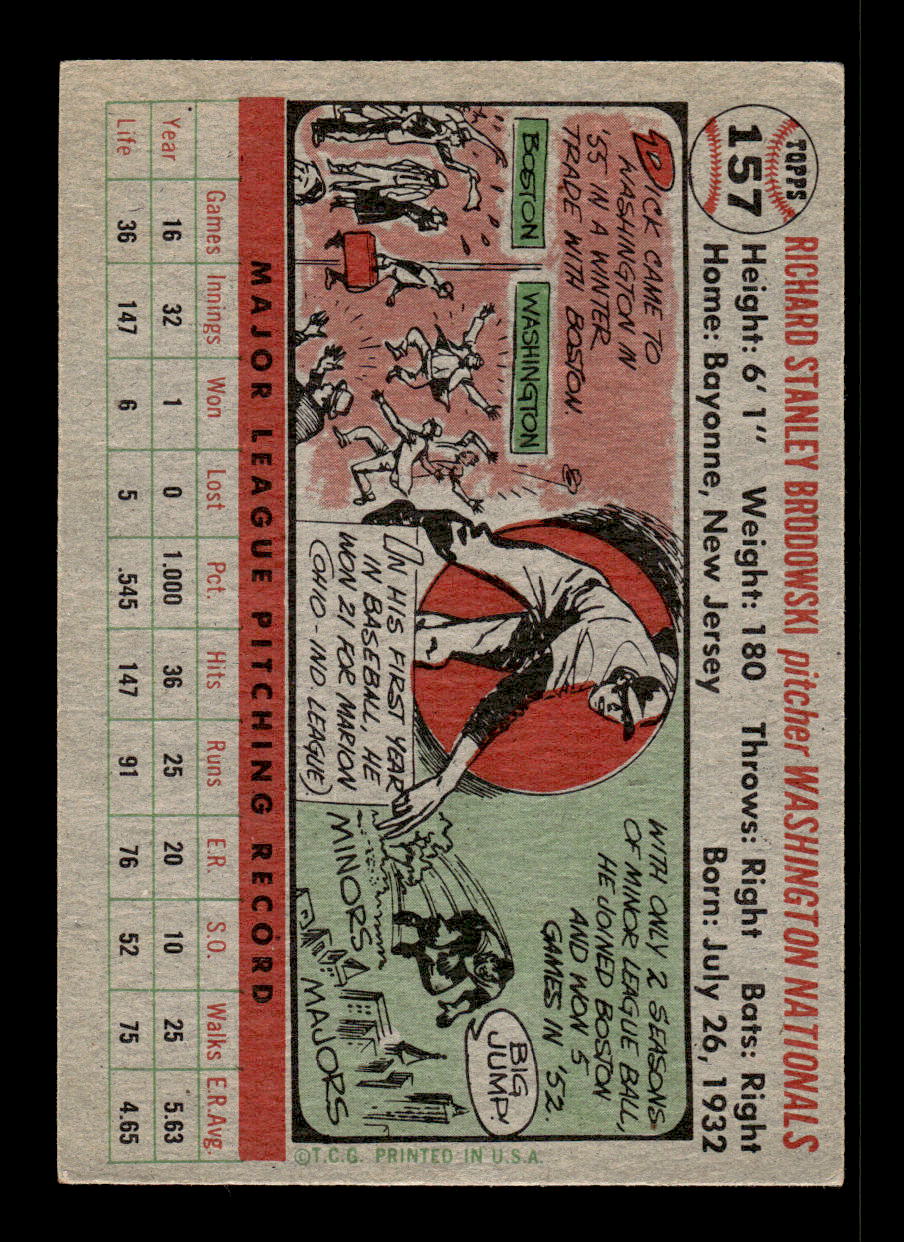 1956 Topps #157 Dick Brodowski - Washington Senators VGEX Gray Back