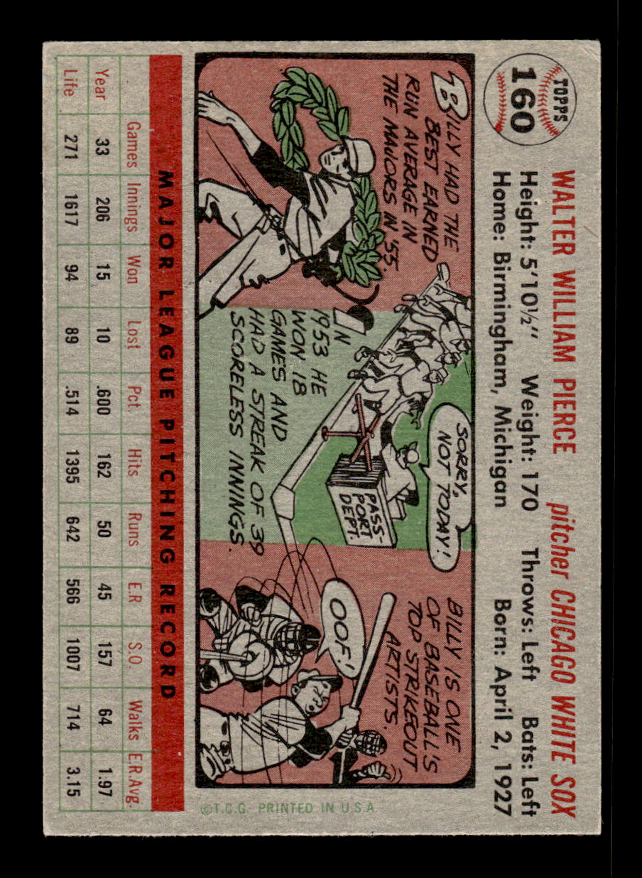 1956 Topps #160 Billy Pierce - Chicago White Sox EX Gray Back