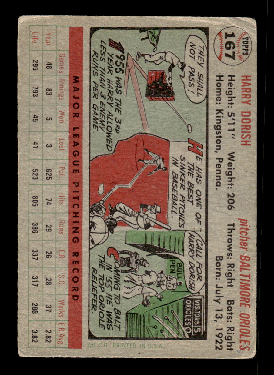 1956 Topps #167 Harry Dorish - Baltimore Orioles G/VG Gray Back