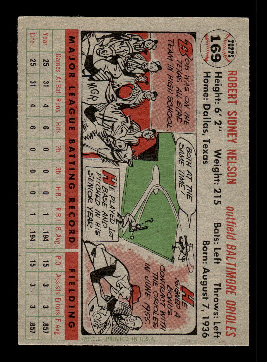 1956 Topps #169 Bob Nelson  - Baltimore Orioles RC VG Gray Back