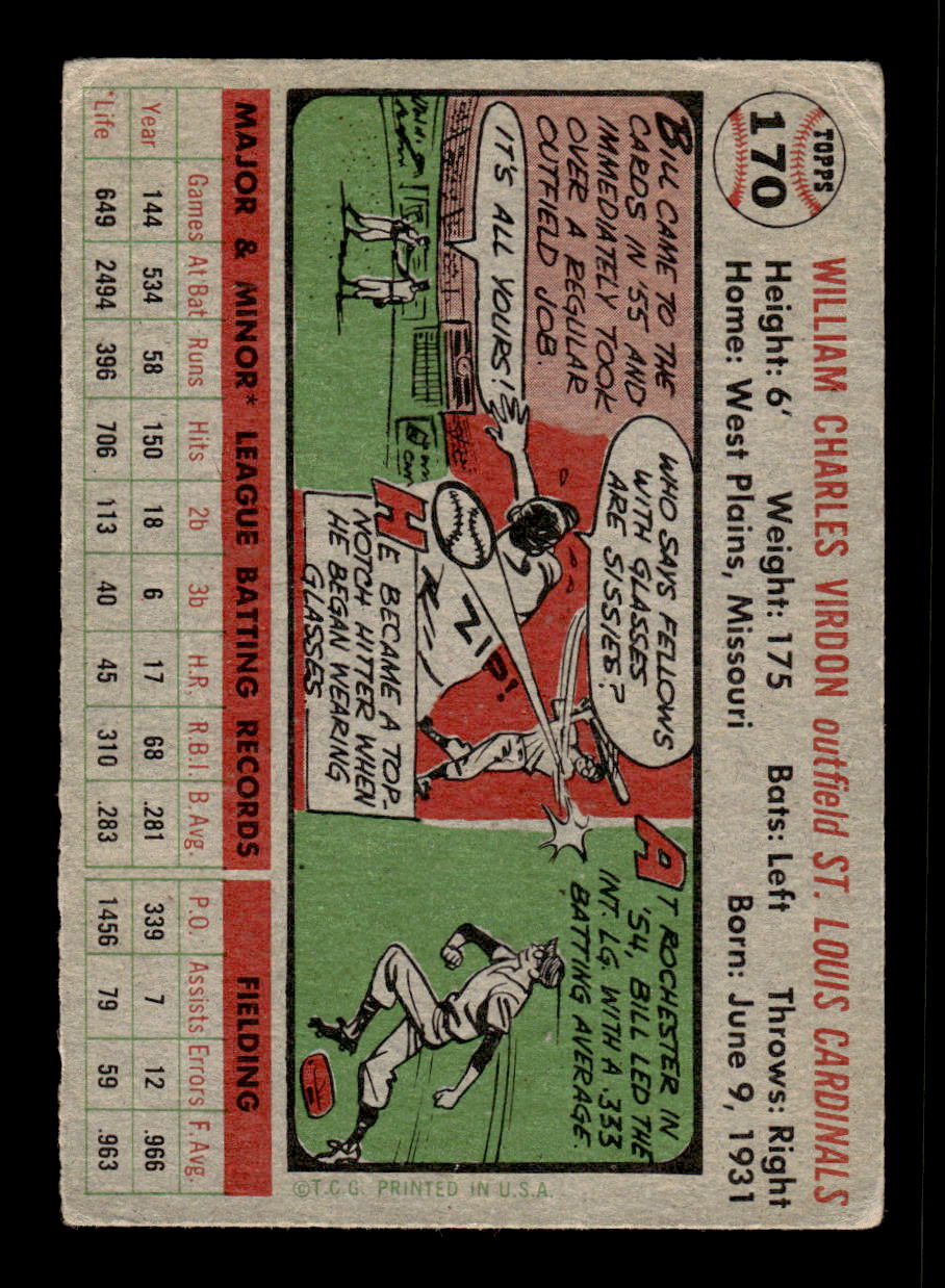 1956 Topps #170 Bill Virdon - St. Louis Cardinals VGEX Gray Back