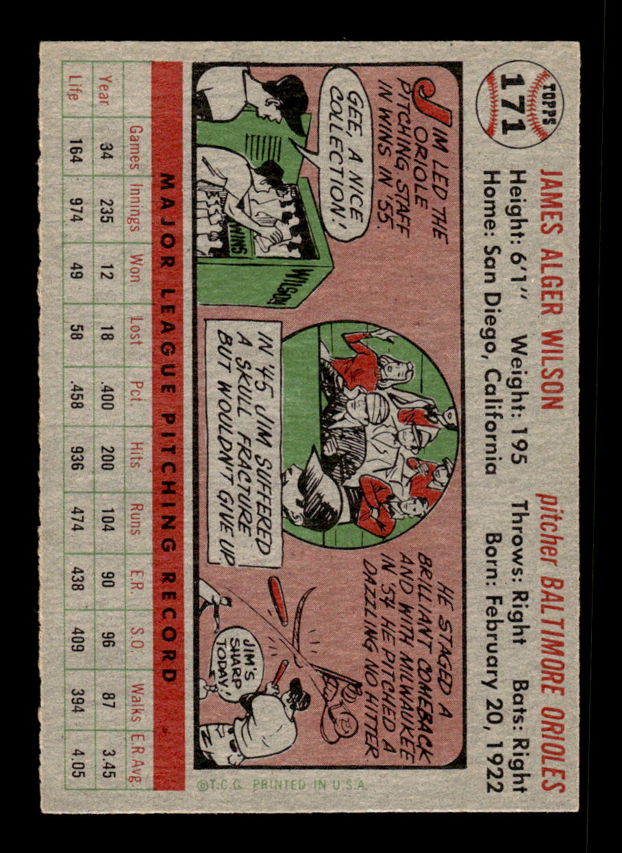 1956 Topps #171 Jim Wilson - Baltimore Orioles EX Gray Back