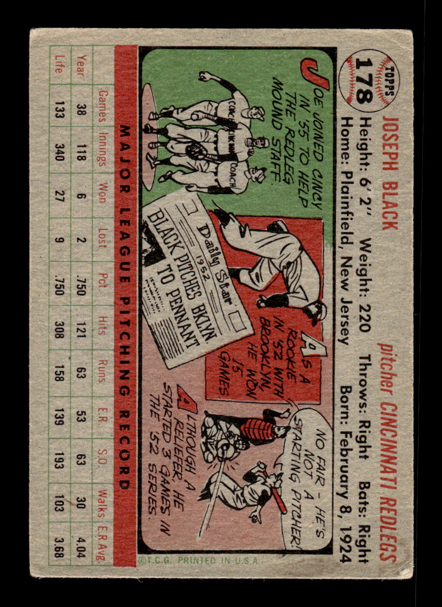1956 Topps #178 Joe Black - Cincinnati Reds VGEX Gray Back