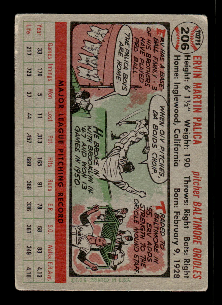 1956 Topps #206 Erv Palica - Baltimore Orioles VG