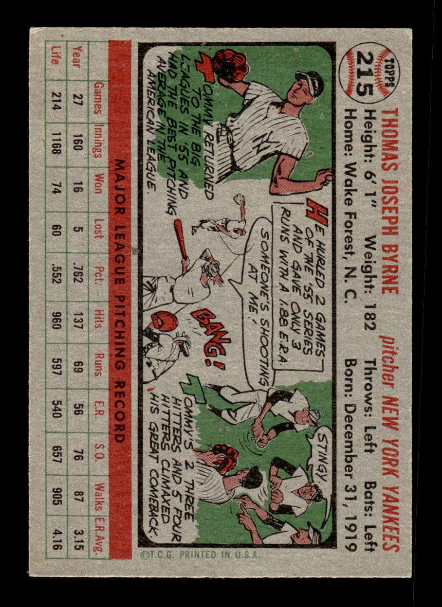 1956 Topps #215 Tommy Byrne - New York Yankees EX