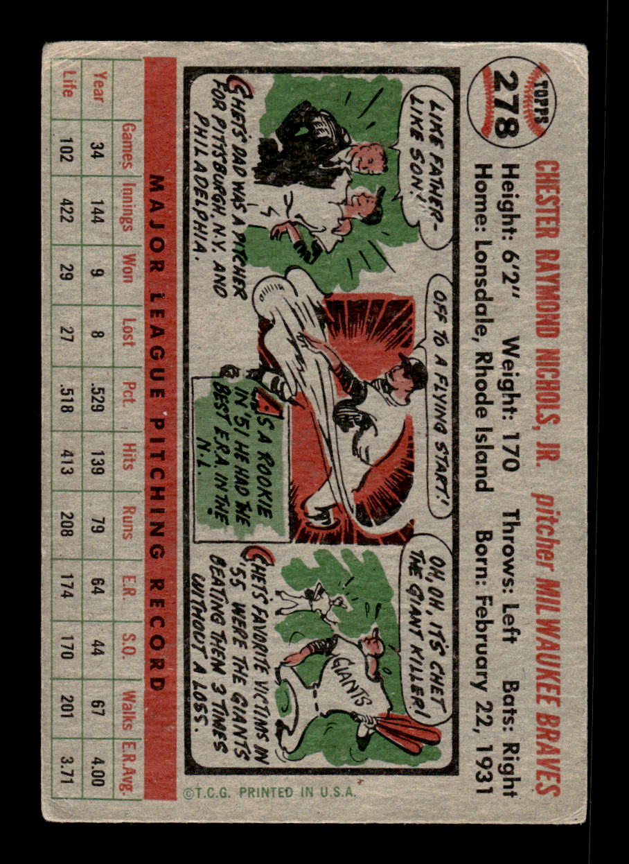 1956 Topps #278 Chet Nichols - Milwaukee Braves VGEX
